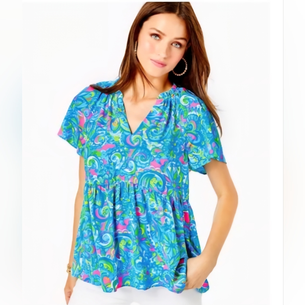 Lilly Pulitzer M Zadie Top in Seabreeze Blue Hey Gull Friend Flowy Ruffle Bottom